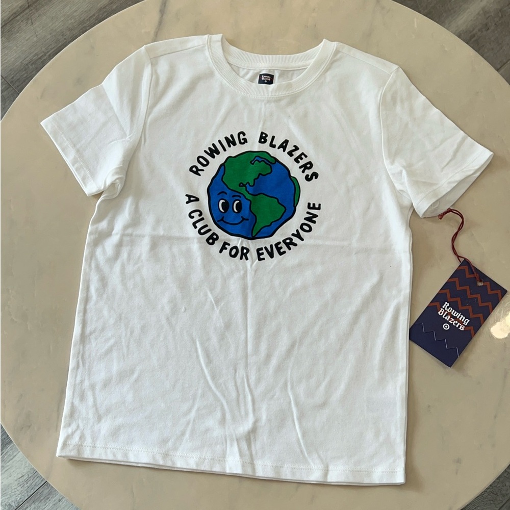 Rowing Blazers White Kids Tee with Blue & Green Earth Graphic